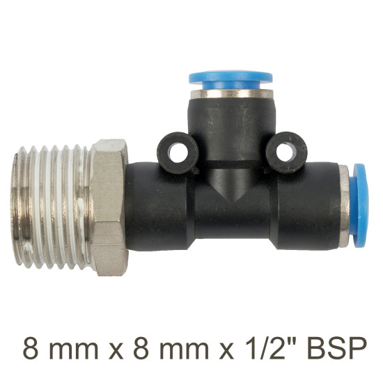 PU HOSE FITTING TEE 8MM X 8MM X 1/2'M PU HOSE FITTING TEE 8MM X 8MM X 1/2'M