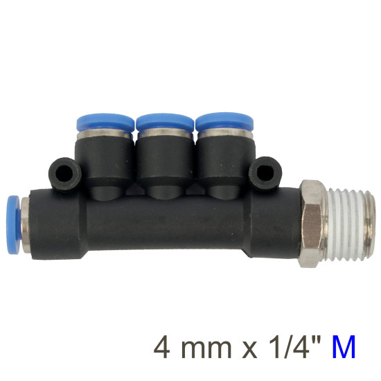 PU HOSE FITTING MANIFOLD 4 X 4MM PORT X 1/4'M PU HOSE FITTING MANIFOLD 4 X 4MM PORT X 1/4'M