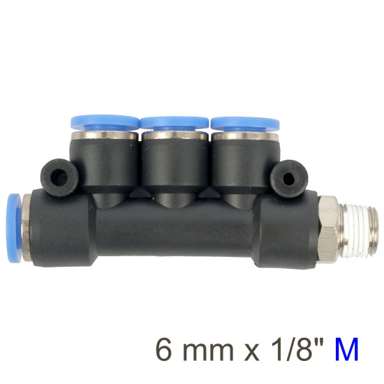PU HOSE FITTING MANIFOLD 4 X 6MM PORT X 1/8'M PU HOSE FITTING MANIFOLD 4 X 6MM PORT X 1/8'M