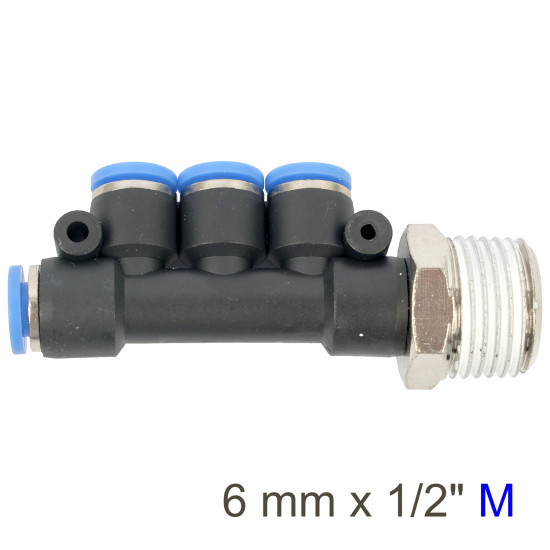PU HOSE FITTING MANIFOLD 4 X 6MM PORT X 1/2'M PU HOSE FITTING MANIFOLD 4 X 6MM PORT X 1/2'M