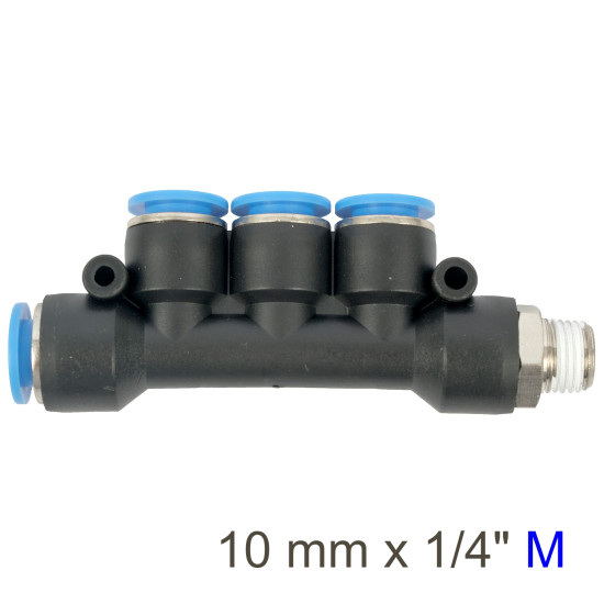 PU HOSE FITTING MANIFOLD 4 X 10MM PORT X 1/4'M PU HOSE FITTING MANIFOLD 4 X 10MM PORT X 1/4'M