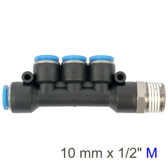 PU HOSE FITTING MANIFOLD 4 X 10MM PORT X 1/2'M PU HOSE FITTING MANIFOLD 4 X 10MM PORT X 1/2'M